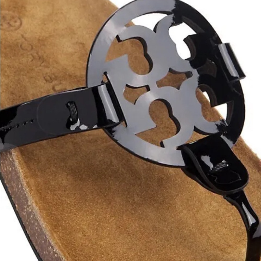 TORY BURCH Miller Cloud Tan Suede Black Patent T-Logo Flat Sandals Size 9